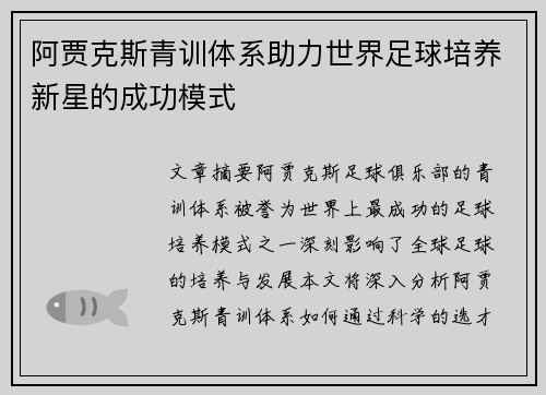阿贾克斯青训体系助力世界足球培养新星的成功模式