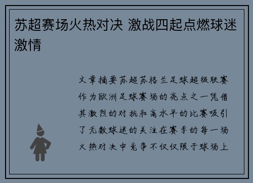 苏超赛场火热对决 激战四起点燃球迷激情