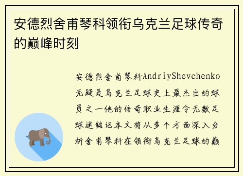 安德烈舍甫琴科领衔乌克兰足球传奇的巅峰时刻